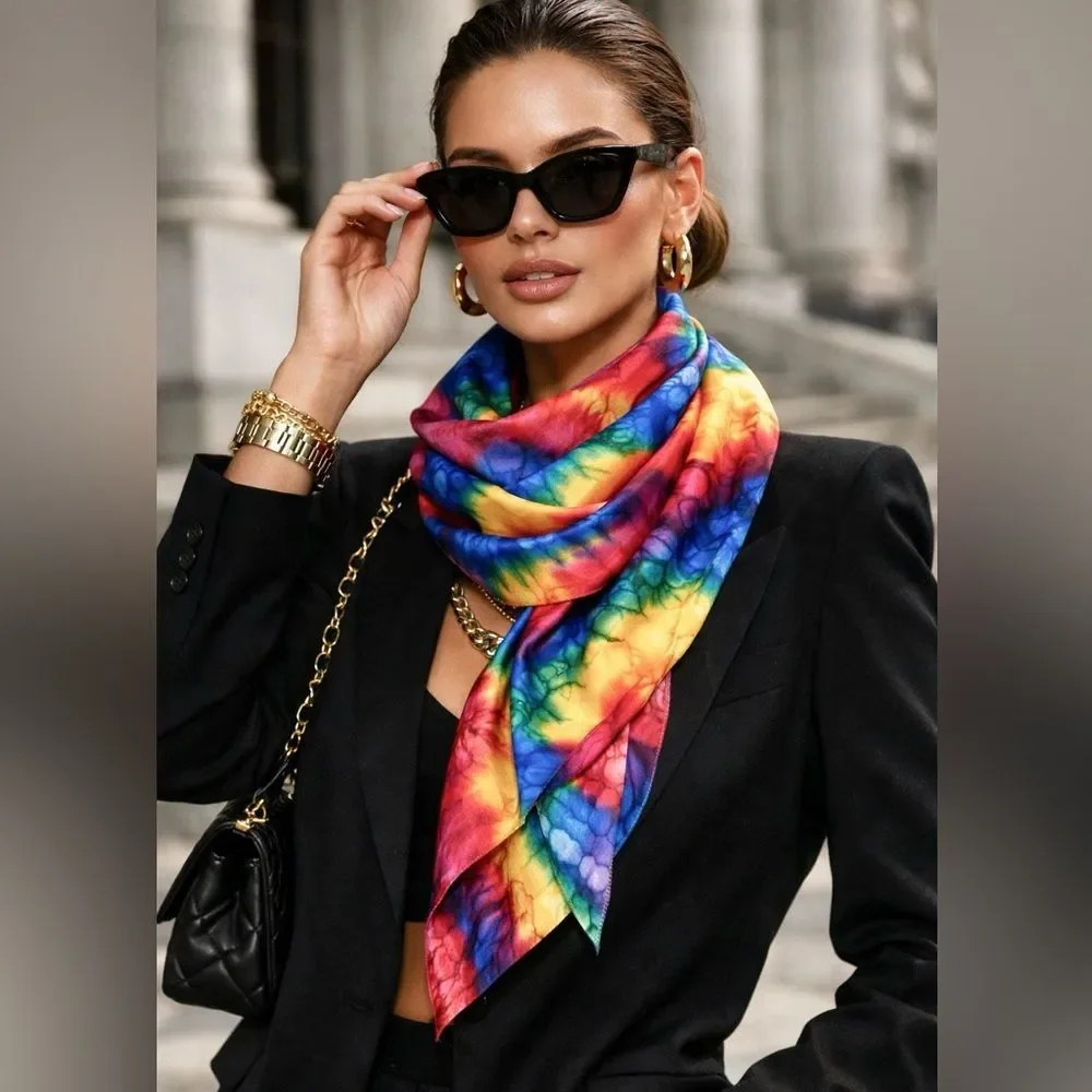 Vintage 100% Pure Silk Tie Dye Scarf 35” Square Multicolor Scarf Abstract Print